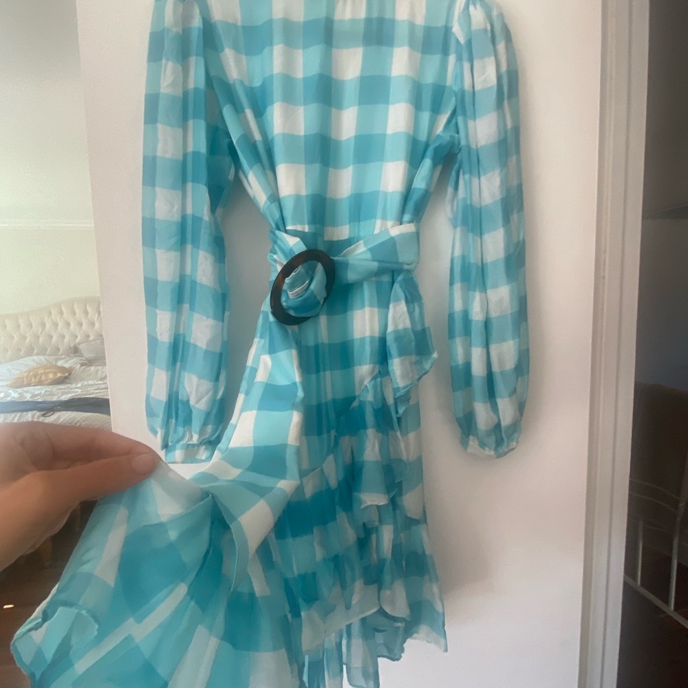 Elegant Turquoise Checkered Long Sleeve Dress Adriana Degreas - Picture 2 of 4